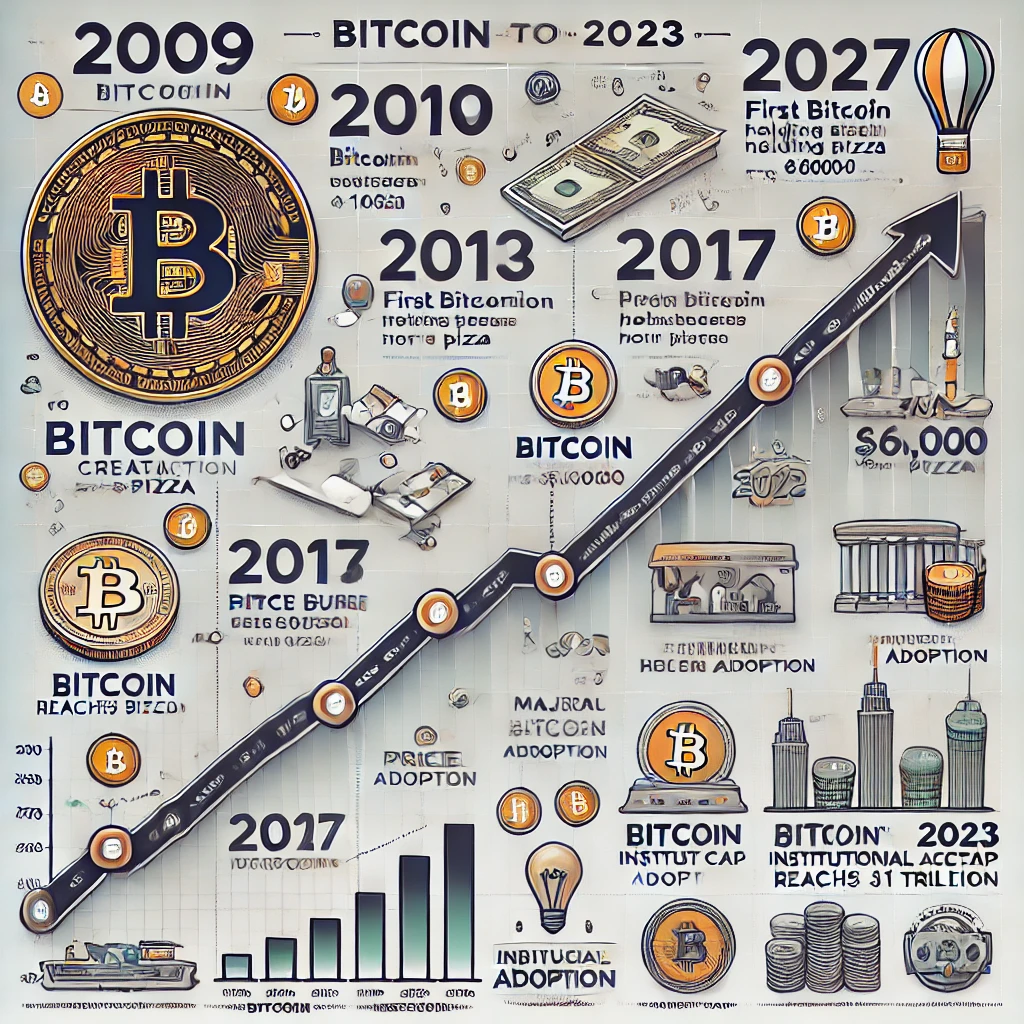 nfographic showing Bitcoin’s growth, key adoption milestones, and market cap increase from 2009 to 2023