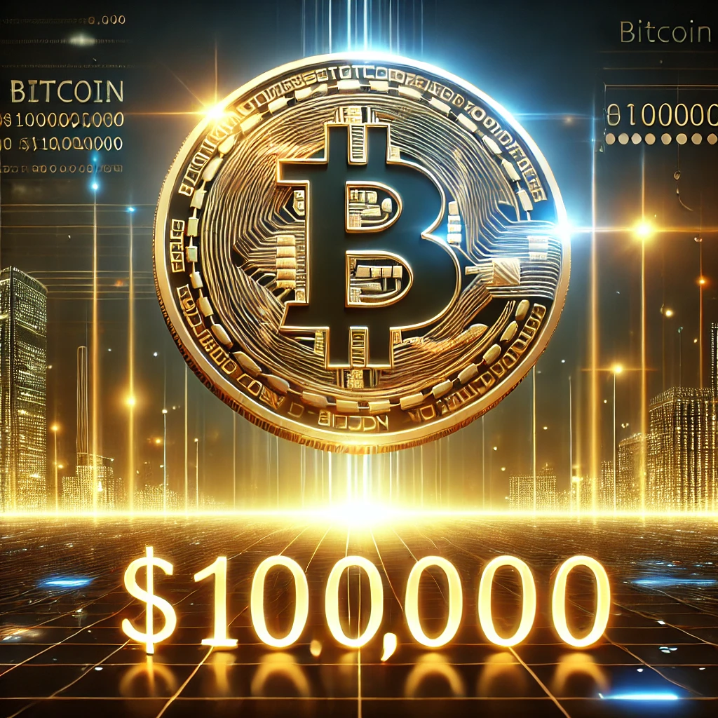 Bitcoin Hits $100,000 - A Milestone in Cryptocurrency History Bitcoin reaching $100,000 milestone, depicted with a futuristic skyline and glowing text highlighting the price, symbolizing innovation and success.