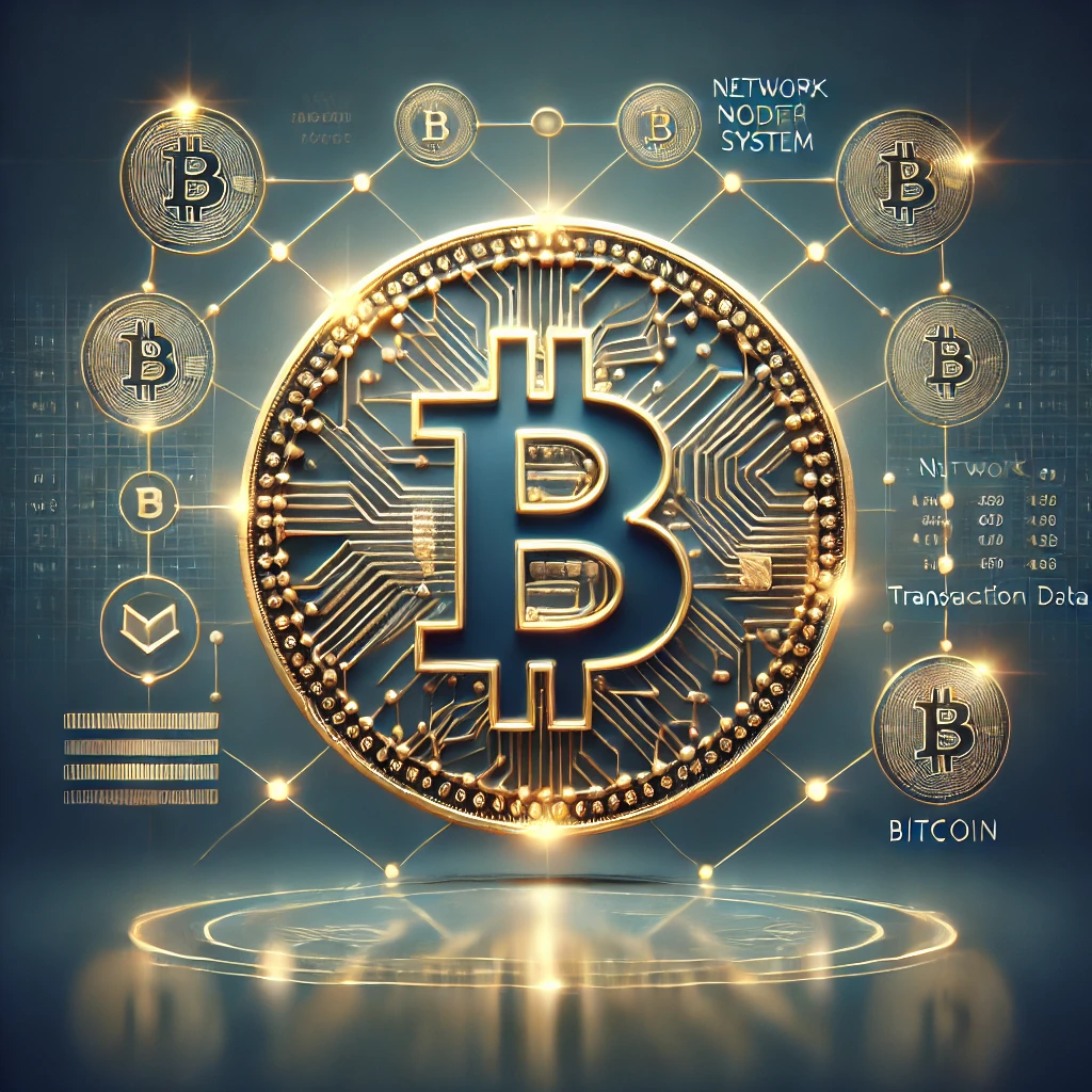 Bitcoin symbol with network nodes and digital ledger background, representing a peer-to-peer digital currency system and blockchain.