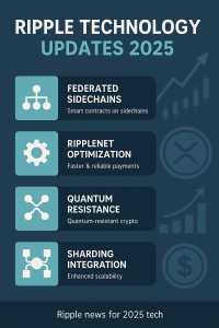 ripple_developments Ripple news for 2025 tech developments infographic showing updates on federated sidechains, RippleNet optimization, quantum resistance, and sharding integration.